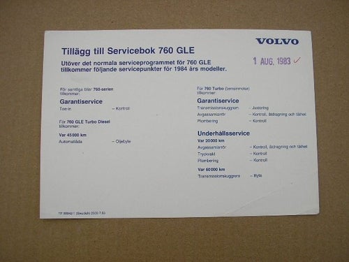 VOLVO Tillägg Servicebok 760 GLE