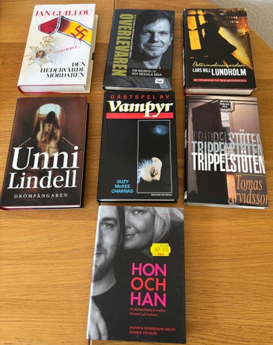 7 inbundna böcker – Guillou, Lindell, Lundholm m.fl. – spänning & romaner