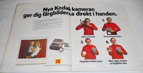 KODAK - NYA KODAK-KAMERAN, FÄRGBILDER DIREKT I HANDEN, STOR TIDNINGSANNONS 1977