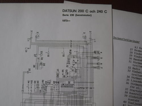 Elschema till Datsun 200C och 240C serie 230 (bensinmotor), 1973.