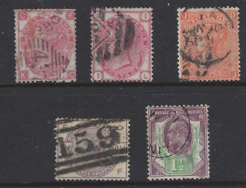 England SG 103 pl5, SG 144 pl 12, SG95 pl11 SG190, SG221/4 stämplade