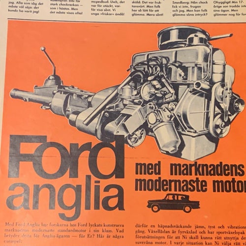 Retro-annons ”Ford Anglia - med marknadens modernaste motor” från 1961