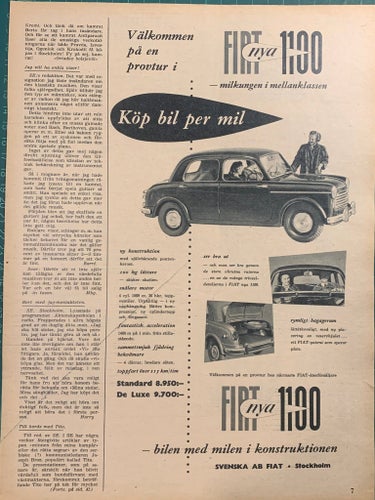 Retro-annons ”Fiat nya 1100 - milkungen i mellanklassen” från 1953