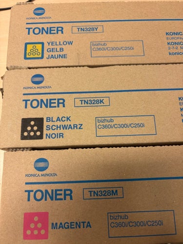 3st Konica minolta toner för Bizhub C360i/C300i/C250i, gul, svart & röd.