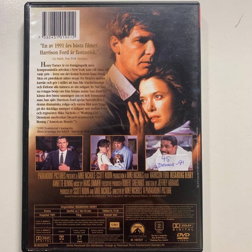 FALLET HENRY. HARRISON FORD. DVD DRAMA -91. NAMNAD PÅ FRAMSIDA.
