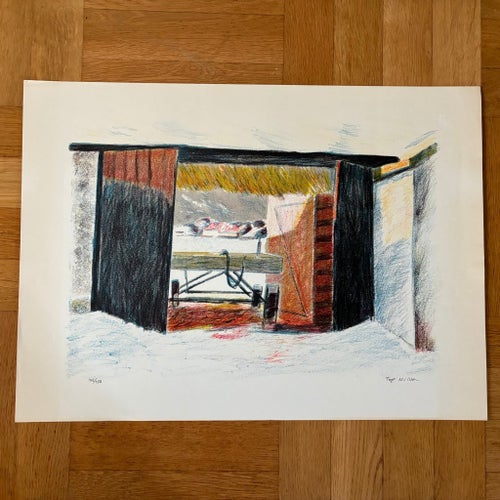 Tage Nilsson (1926-1997)! Äldre litografi / färglitografi! ”Vagn i port”!