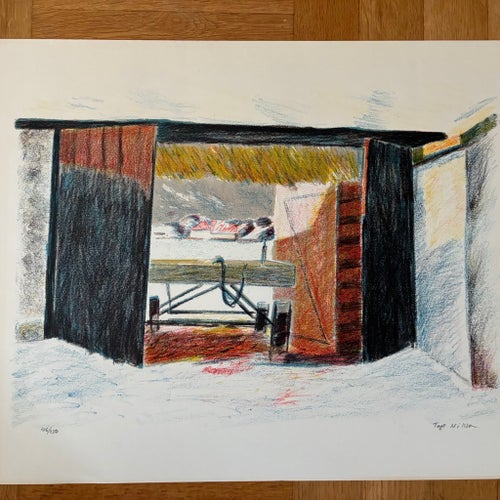 Tage Nilsson (1926-1997)! Äldre litografi / färglitografi! ”Vagn i port”!