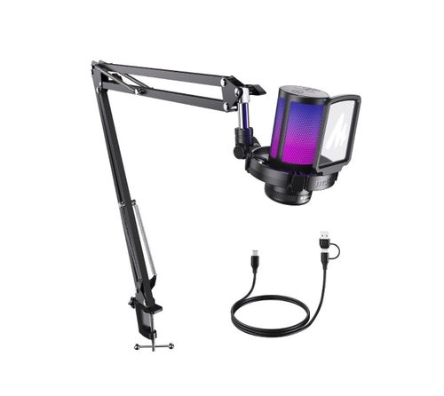 MAONO Gaming Mikrofon - USB Mikrofon med RGB-ljus, Brusreducering & Armstativ
