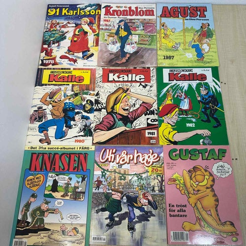 9 st. Blandade seriealbum - Kronblom, August, Anderssonskans Kalle, Uti vår hage