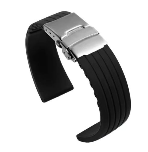 Het nytt Svart silikonarmband med viklås i stål 22 mm passar de flesta modeller