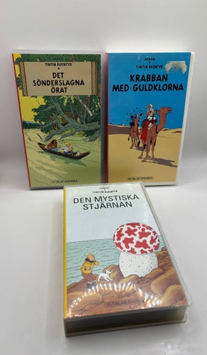 3 st Tintin VHS – Det sönderslagna örat / Krabban med guldklorna / Den mystiska
