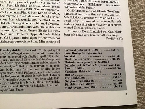 MOTORHISTORISKT MAGASIN NR 1 1996 POLISPIKET,POLIS PIKET,JEEPSTER,DAIMLER,