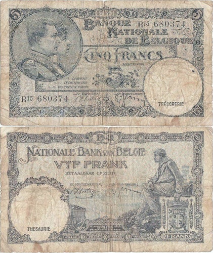 1938 (5 April), 5 Francs - Belgium | P-108a.3