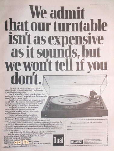 DUAL CS 505 TURNTABLE HI-FI STOR TIDNINGSANNONS 1980