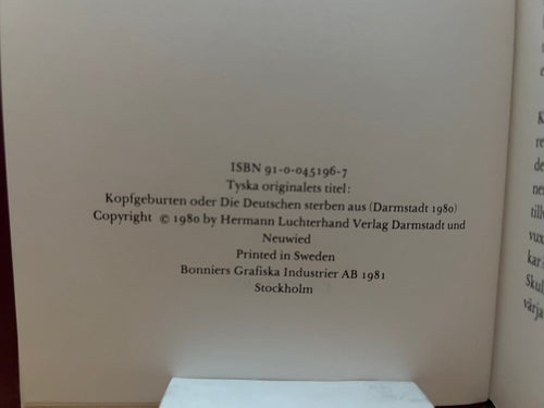 Tankefoster eller Tyskarna dör ut av Günter Grass, bok, Very Fine plus