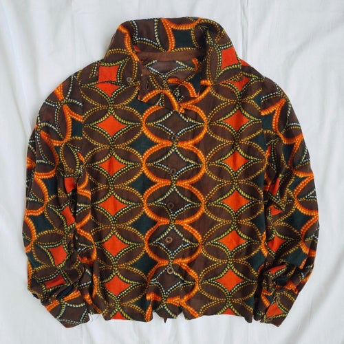 Cropped Blus / Skjorta Storlek M, Orange Brun Geometrisk, Vintage 70-tal