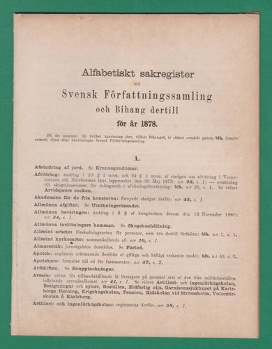 SFS 1878 Alfabetiskt Sak-Register