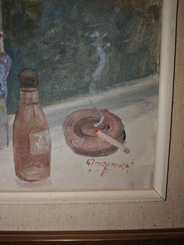 Blomsterstilleben vid fönster – signerad Ingmar E, troligen daterad 1943 (W092)