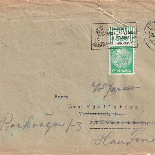 Tyskland. Mi515 med tab. Hindenburg 5 Pf. stpl. Berlin NW7 27.7.39 t. Stockholm