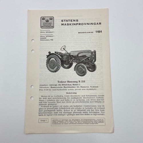 Traktor Hanomag R 218 - Meddelande 1484 - Statens Maskinprovningar