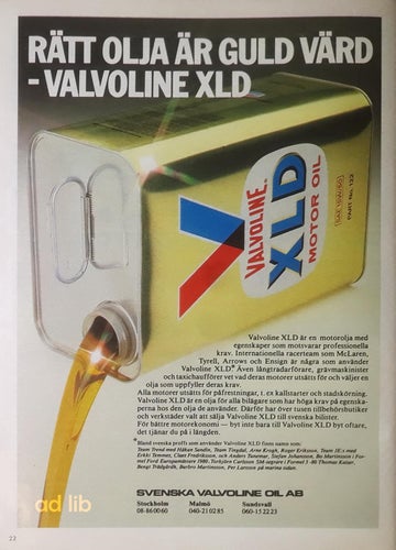 VALVOLINE XLD MOTOROLJA, REKLAMANNONS 1981