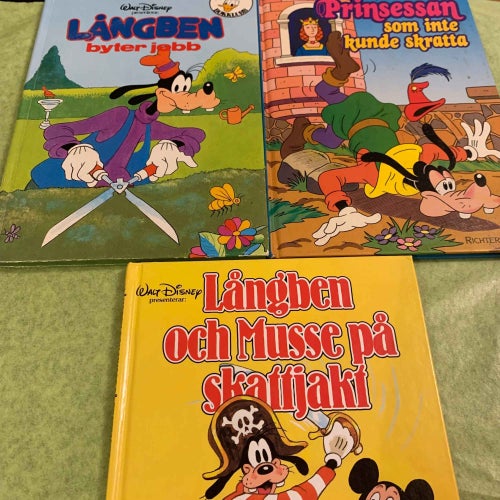 Tre Disney-böcker med Långben och Musse på skattjakt, Långben byter jobb ….