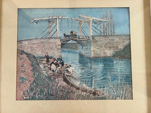 Tavla, tryck. Motiv av Langloisbron i Arles. Inramad.