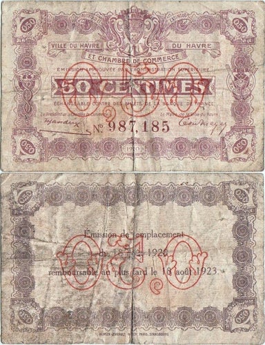 1920 (18 August), 50 Centimes - France - Le Havre | Jean Pirot JP-068-26