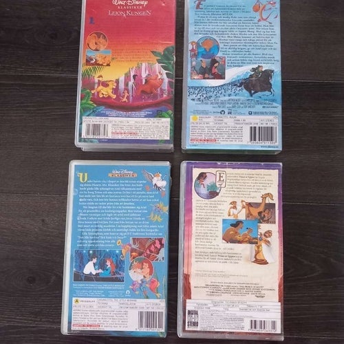 VHS-filmer: Lejonkungen, Mulan, Den lilla sjöjungfrun, Prinsen av Egypten