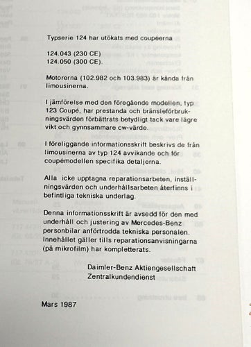 Mercedes-Benz Typ 124 Coupé Informationsskrift, 1987
