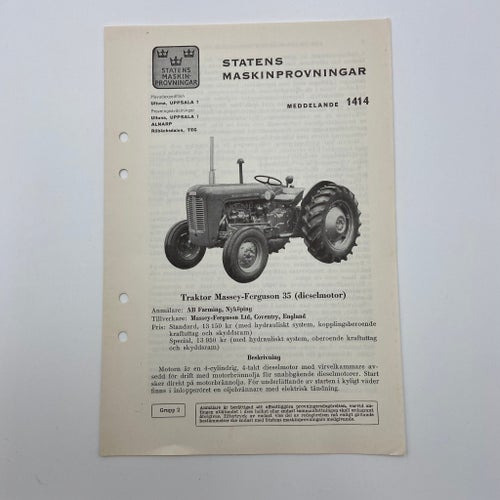 Traktor Massey-Ferguson 35 diesel - Meddelande 1414 - Statens Maskinprovningar
