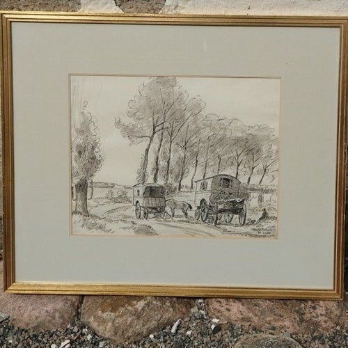 Arvid Nilsson, Teckning - Ekipage - Häst och vagn - Frankrike; dat. 1923