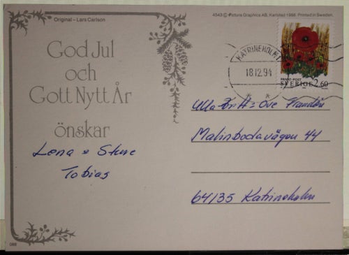 Jul- Nyårskort. LC, Tomte kommer med äppelkorg.