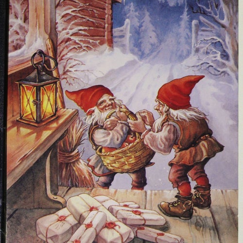 Jul- Nyårskort. LC, Tomte kommer med äppelkorg.