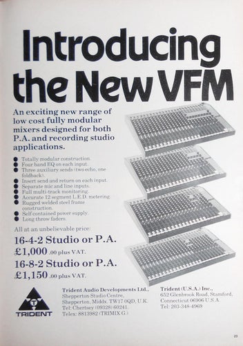 TRIDENT MIXERS FOR P.A. AND RECORDING STUDIO, REKLAMANNONS AD 1982