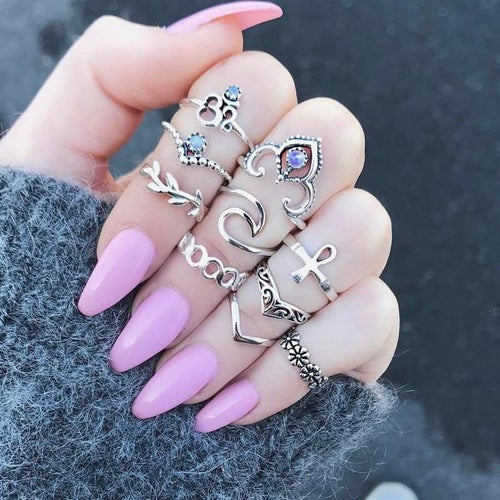 10st Ringar i vintagestil, Snidade och lövverk i silver Ringset kvinnor flickor