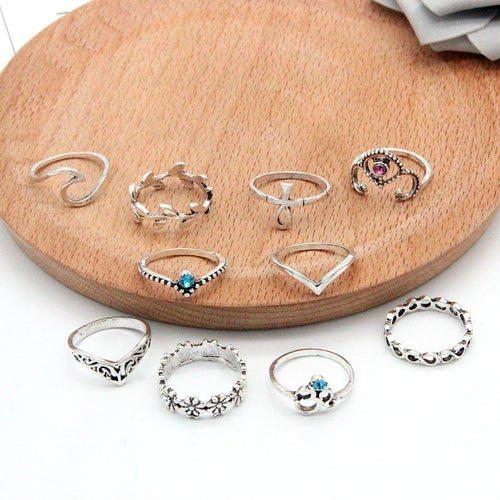 10st Ringar i vintagestil, Snidade och lövverk i silver Ringset kvinnor flickor