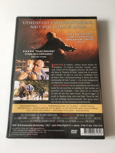 Nyckeln till frihet (Tim Robbins, Morgan Freeman, 1994). Inplastad DVD