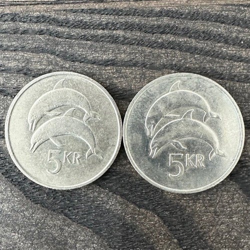 Mynt: Island 2 x fem krónur 1981 + 1987 / coin Iceland
