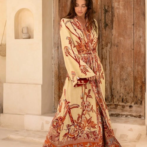 Brahmaki, Terra di Sienna Maxi kaftan S 140 cm + byxa S 80 cm.