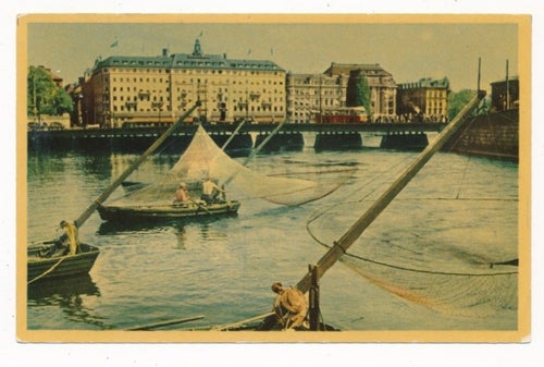 Norsfiskare på Strömmen Buss o åskådare på Strömbron Färgkort pg 1957 KV7 hörnv*