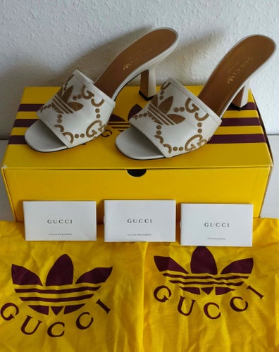 GUCCI X ADIDAS TREFOIL HEELED MULES GRÄDDEVIT STR.37,5 BEGRÄNSAD 2022 GOTT SKICK