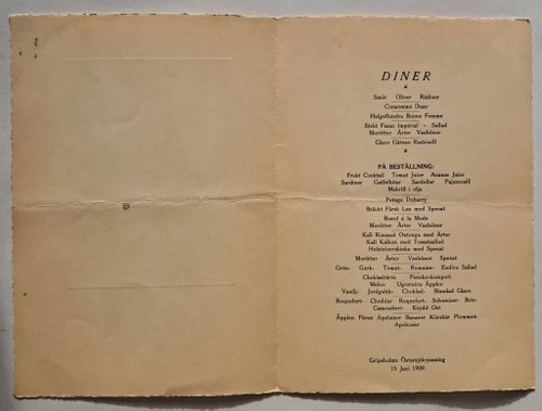 Meny - Svenska Amerika Linien - Gripsholm 1939. (Annons 6/10).