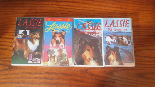 4x Lassie VHS-filmer (varav en INPLASTAD)