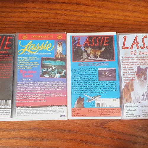 4x Lassie VHS-filmer (varav en INPLASTAD)