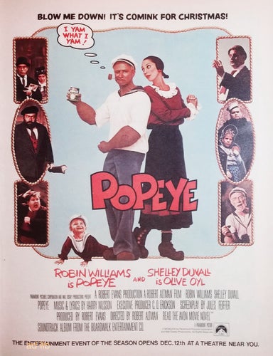 POPEYE - ROBIN WILLIAMS AND SHELLEY DUVALL, STOR TIDNINGSANNONS ADVERT 1980