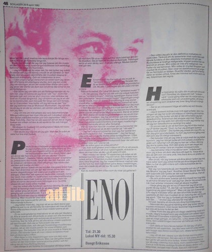 BRIAN ENO, JOHN BELUSHI PRESSKLIPP 1982