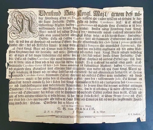 1718 - Ettbladstryck om Carolinermyntens användning.