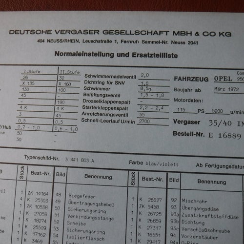 Förgasarspecifikationer/reservdelslista Opel Commodore B 2500S automat, 3.1972.