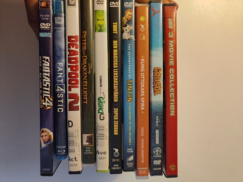 DVD-filmer: Grinchen, Zuper Zebra, Tintin, Robinson Crusoe, Lego